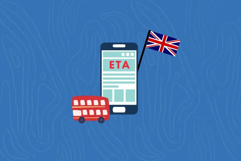 Iliustracija, vaizduojanti Jungtinės Karalystės ETA (Electronic Travel Authorization) sistemą. Paveikslėlyje matomas išmanusis telefonas su užrašu „ETA“, Jungtinės Karalystės vėliava ir raudonas dviaukštis autobusas mėlyname fone